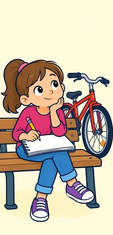 Una nena pensa amb un llapis i un quadern en blanc al costat d'una bicicleta
