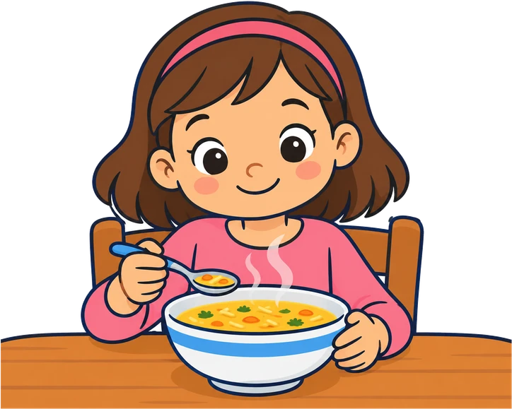 Una nena davant d'un bol de sopa.