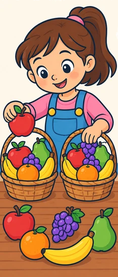 Una nena ordena fruita de colors damunt d'una taula de mercat