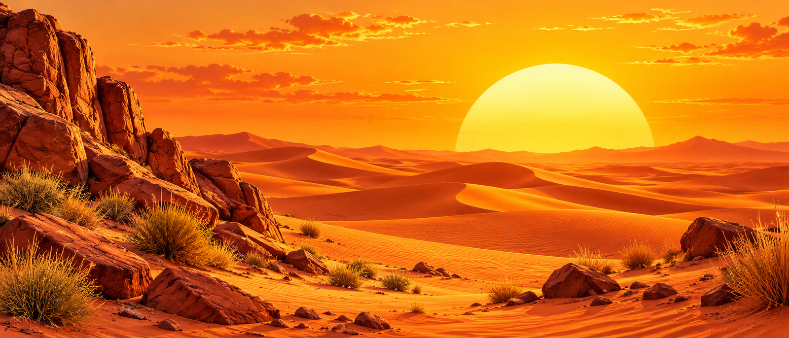 Un paisatge càlid: un desert amb un sol gran i tons taronges