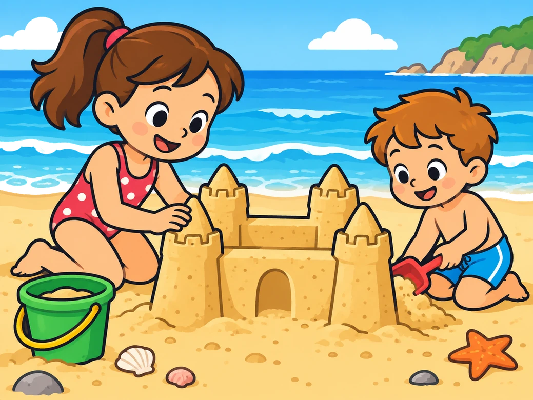 Dos nens fan un castell de sorra a la platja