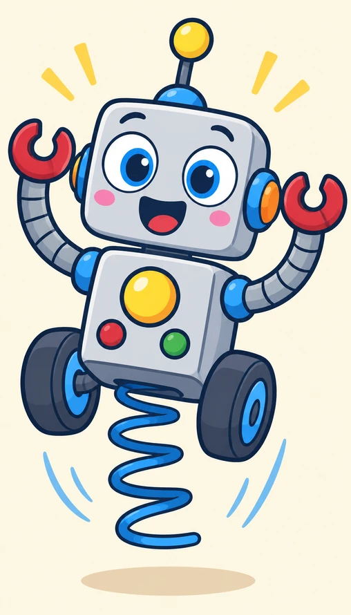 Un robot salta content amb una molla sota el cos