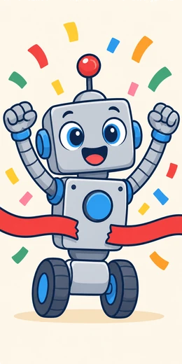 Un robot arriba a la meta amb els braços alçats