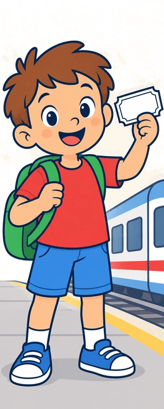 Un nen a l'andana amb motxilla i un bitllet de tren en blanc
