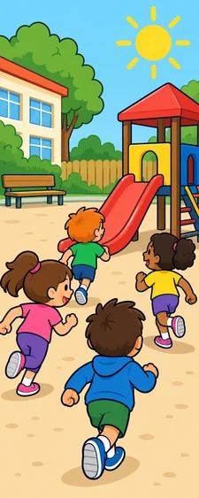 Un pati d'escola amb nens que corren cap a un tobogan