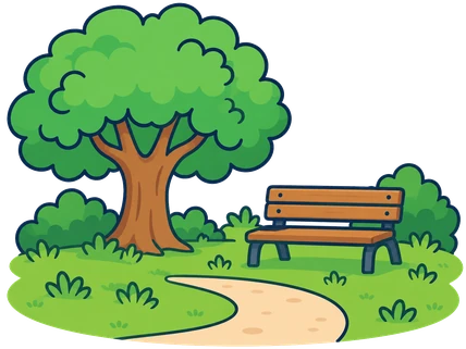 Un parc amb gespa, un arbre gran i un banc.