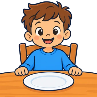 El Leo seu a taula davant d'un plat buit.