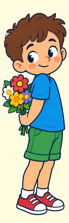 Un nen amaga un ram de flors a l'esquena amb un somriure tímid