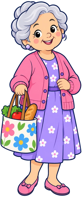 Una senyora gran amb una bossa de la compra i un somriure