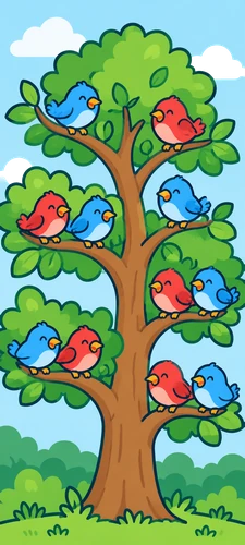 Un arbre amb ocells petits de dos colors a les branques