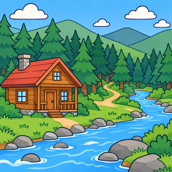 Una casa de fusta vora un riu i un bosc
