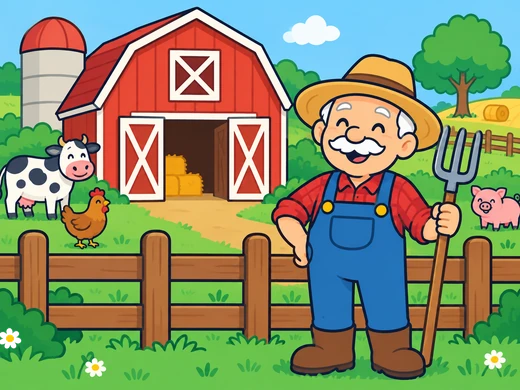 Una granja amb un graner vermell i l'avi Pere