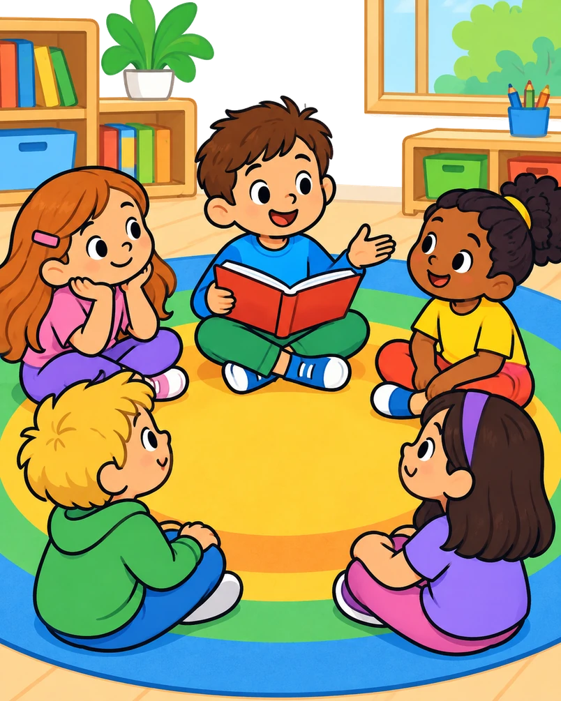 Cinc infants en rotllana amb un llibre