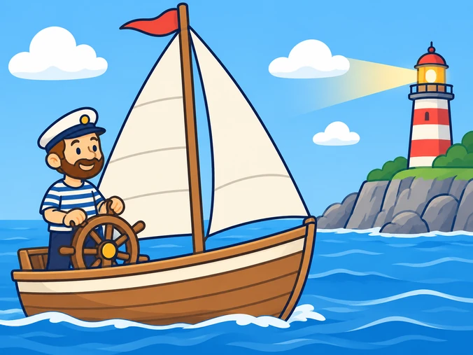 Una barca de vela, un mariner i un far