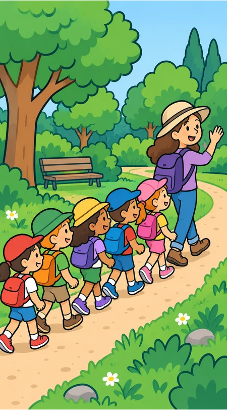 Uns infants i la mestra van de passeig al parc