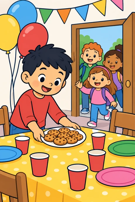 Un nen prepara galetes i globus per a una festa