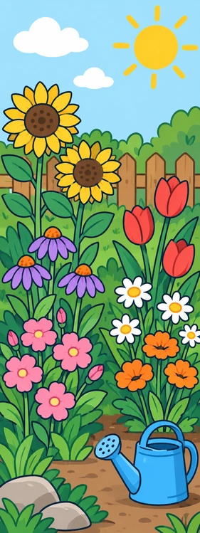 Un jardí assolellat amb flors altes de colors i un regador