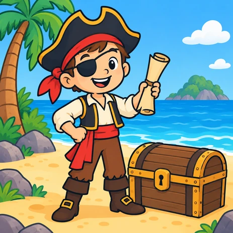 Un pirata amb un mapa i un cofre