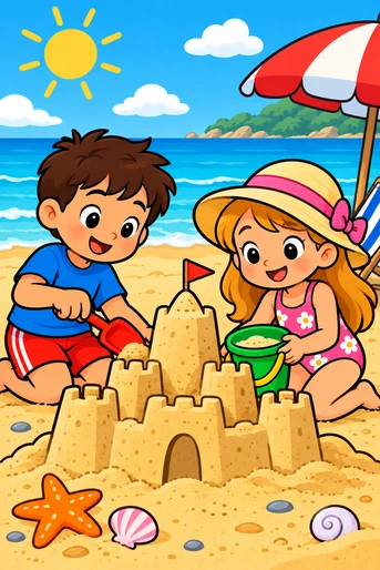 Dos nens fan un castell de sorra a la platja.