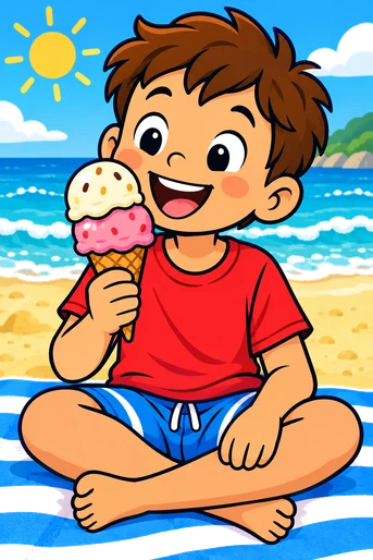 Un nen menja un gelat a la platja.