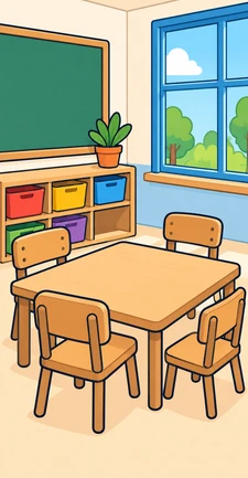 Un racó d'una aula amb cadires de fusta i una taula