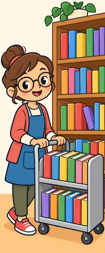 Una bibliotecària amb ulleres al costat d'una gran prestatgeria