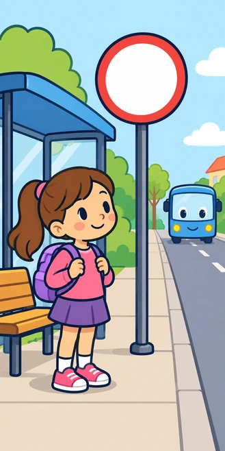 Una nena amb motxilla espera a la parada de l'autobús