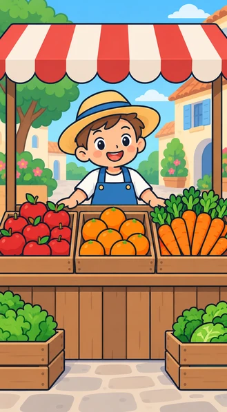 Una paradeta de fruita i verdura amb un venedor content