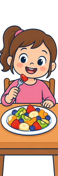 Una nena amb un plat de fruita variada i una forquilla