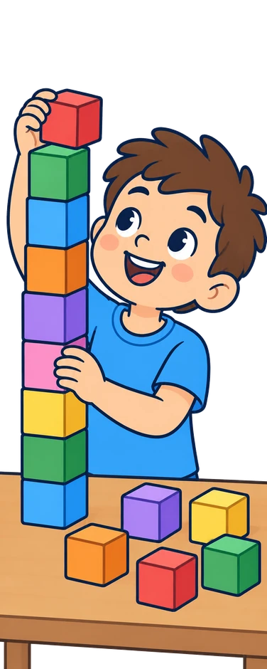 Un nen construeix una torre alta amb cubs de colors damunt la taula