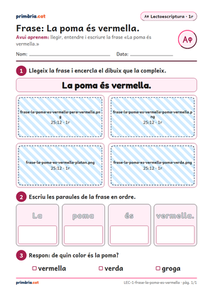 Primera pàgina de la fitxa «Frase: La poma és vermella.»
