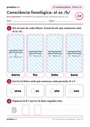 Primera pàgina de la fitxa «Consciència fonològica: el so /b/»