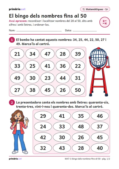 Pàgina 1 de 2: El bingo dels nombres fins al 50
