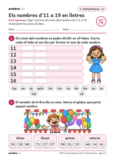 Pàgina 1 de 2: Els nombres d'11 a 19 en lletres