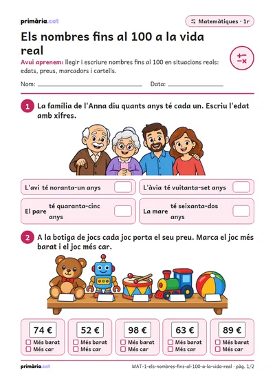 Pàgina 1 de 2: Els nombres fins al 100 a la vida real