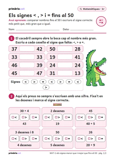 Pàgina 1 de 2: Els signes < , > i = fins al 50
