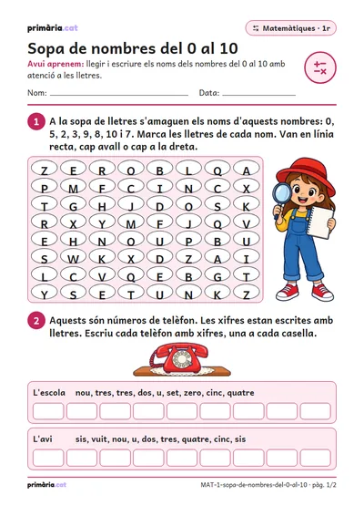 Pàgina 1 de 2: Sopa de nombres del 0 al 10